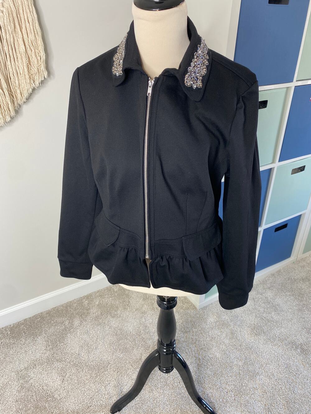 INC Black Silver Embellished Beaded Collar Zipper Jacket Blazer XL Holiday